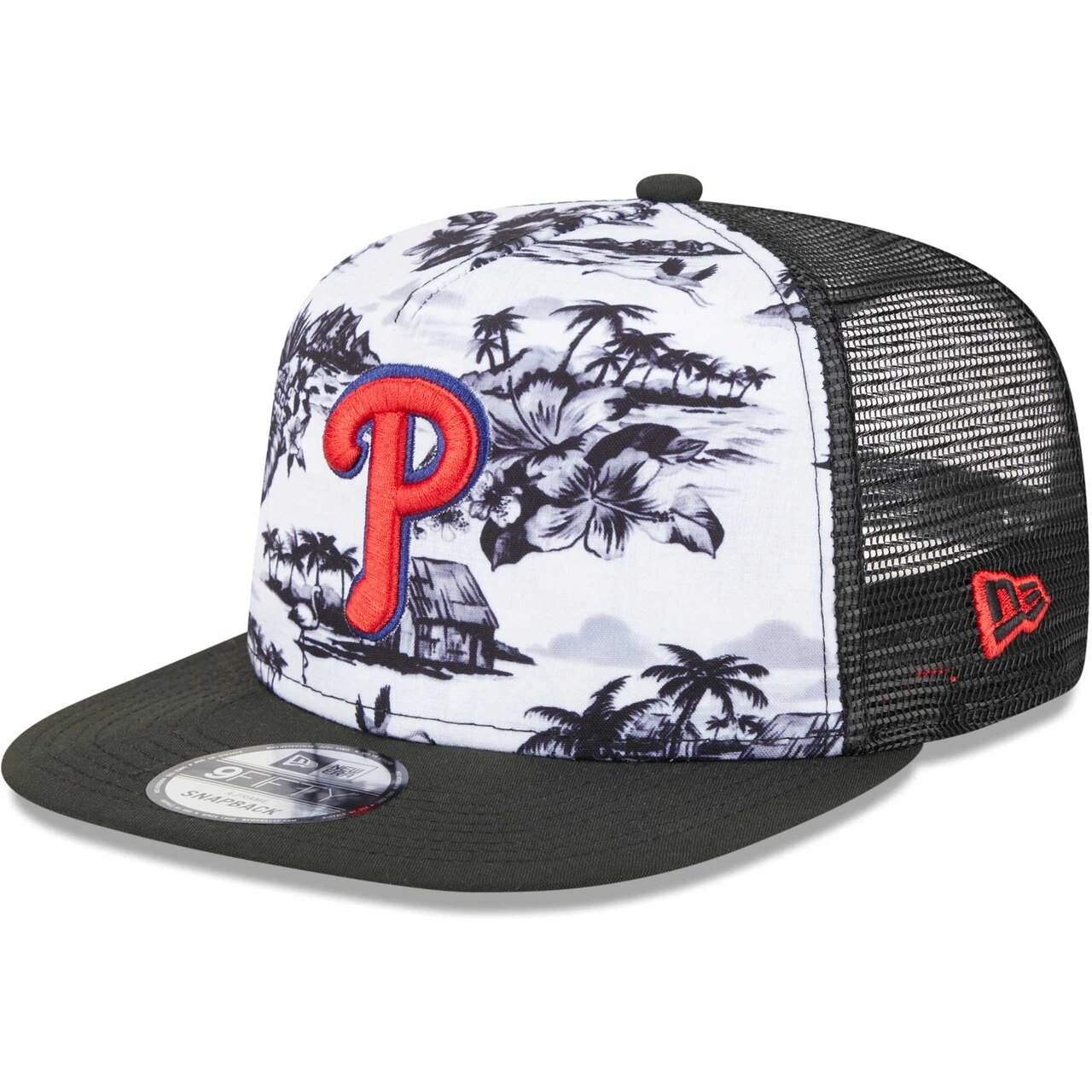 Men's Philadelphia Phillies New Era White/Black Vacay 2.0 A-Frame Trucker 9FIFTY Snapback Hat 1 Men's Philadelphia Phillies New Era White/Black Vacay 2.0 A-Frame Trucker 9FIFTY Snapback Hat