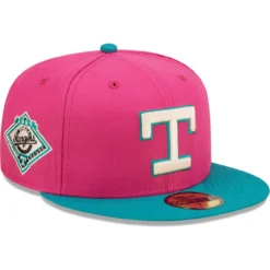 Men's Texas Rangers New Era Pink/Green Cooperstown Collection 1993 American League Passion Forest 59FIFTY Fitted Hat