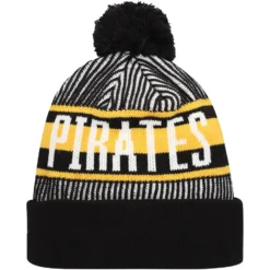 Men's Pittsburgh Pirates New Era Black Striped Cuffed Knit Hat With Pom