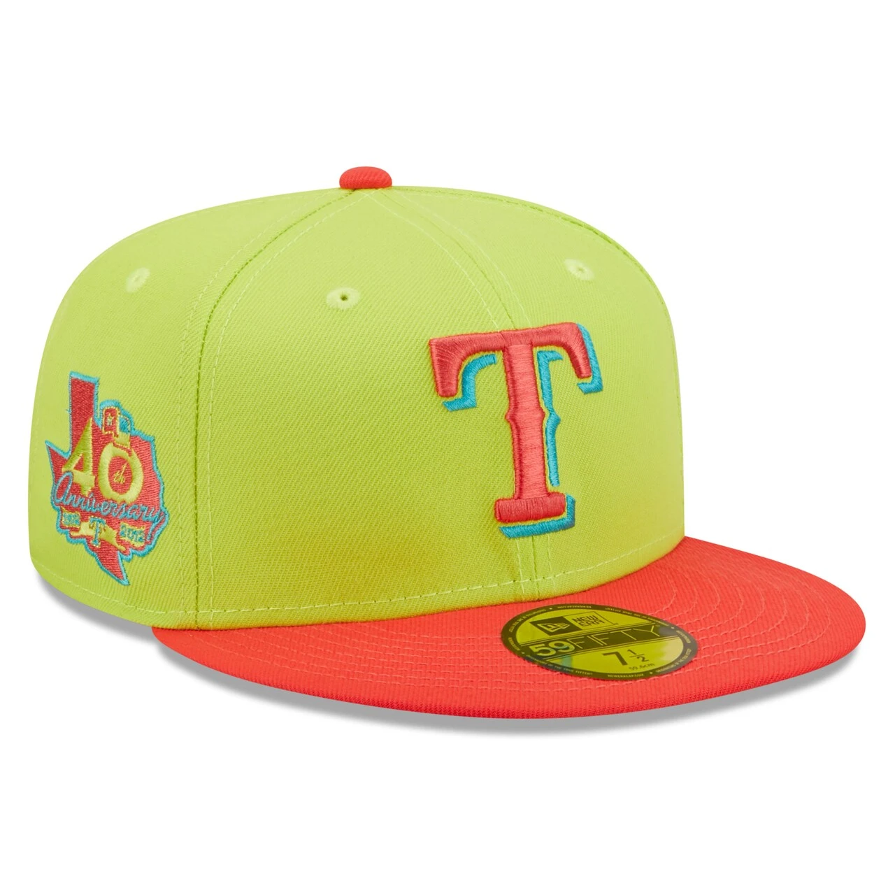 Men's Texas Rangers New Era Green/Red 40th Anniversary Cyber Highlighter 59FIFTY Fitted Hat 1 Men's Texas Rangers New Era Green/Red 40th Anniversary Cyber Highlighter 59FIFTY Fitted Hat