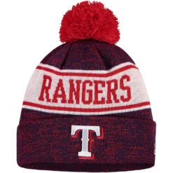Men's Texas Rangers New Era Royal/Red Banner Cuffed Knit Hat With Pom