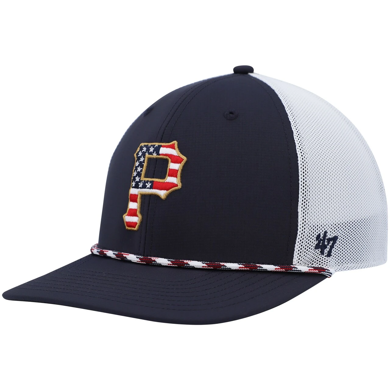 Men's Pittsburgh Pirates '47 Navy/White Flag Fill Trucker Snapback Hat 1 Men's Pittsburgh Pirates '47 Navy/White Flag Fill Trucker Snapback Hat