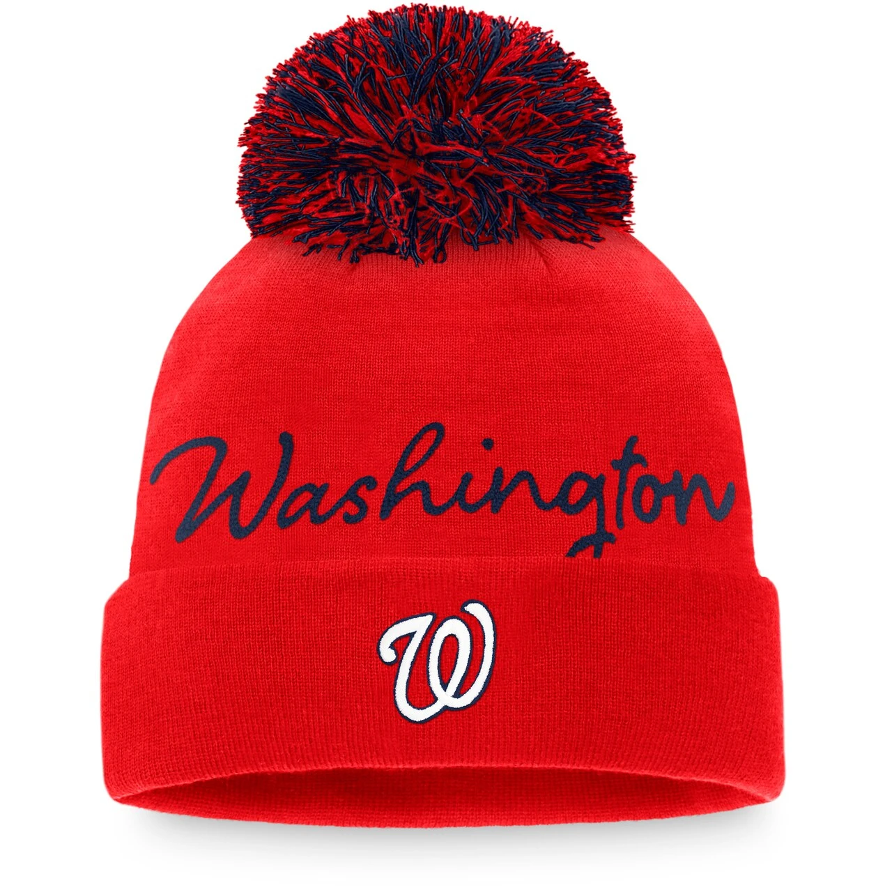 Women's Washington Nationals Fanatics Branded Red Script Cuffed Knit Hat With Pom 1 Women's Washington Nationals Fanatics Branded Red Script Cuffed Knit Hat With Pom