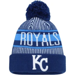 Youth Kansas City Royals New Era Royal Striped Cuffed Knit Hat With Pom